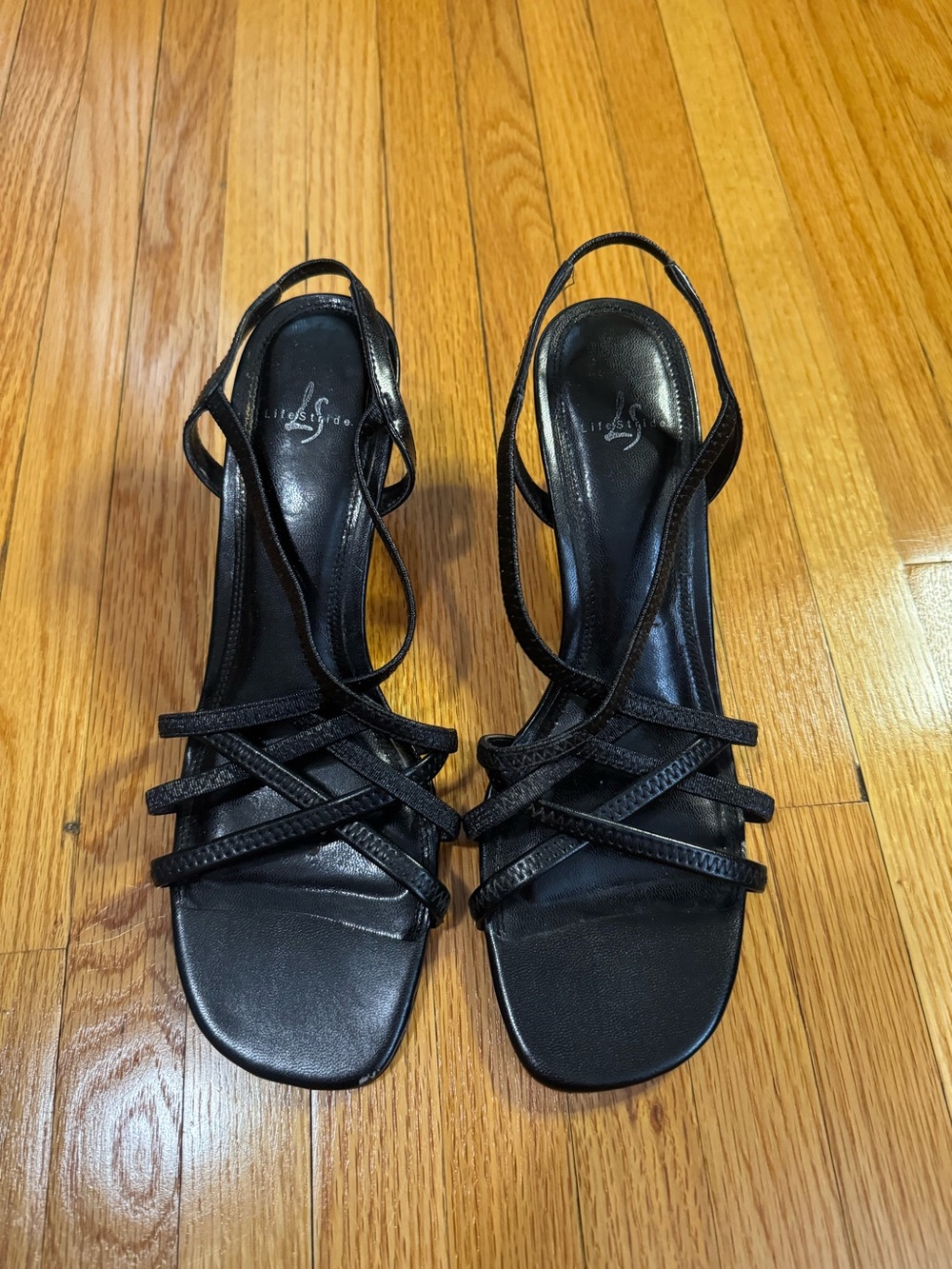 Life Stride Black Strappy Heels Size 9 Elastic Strap